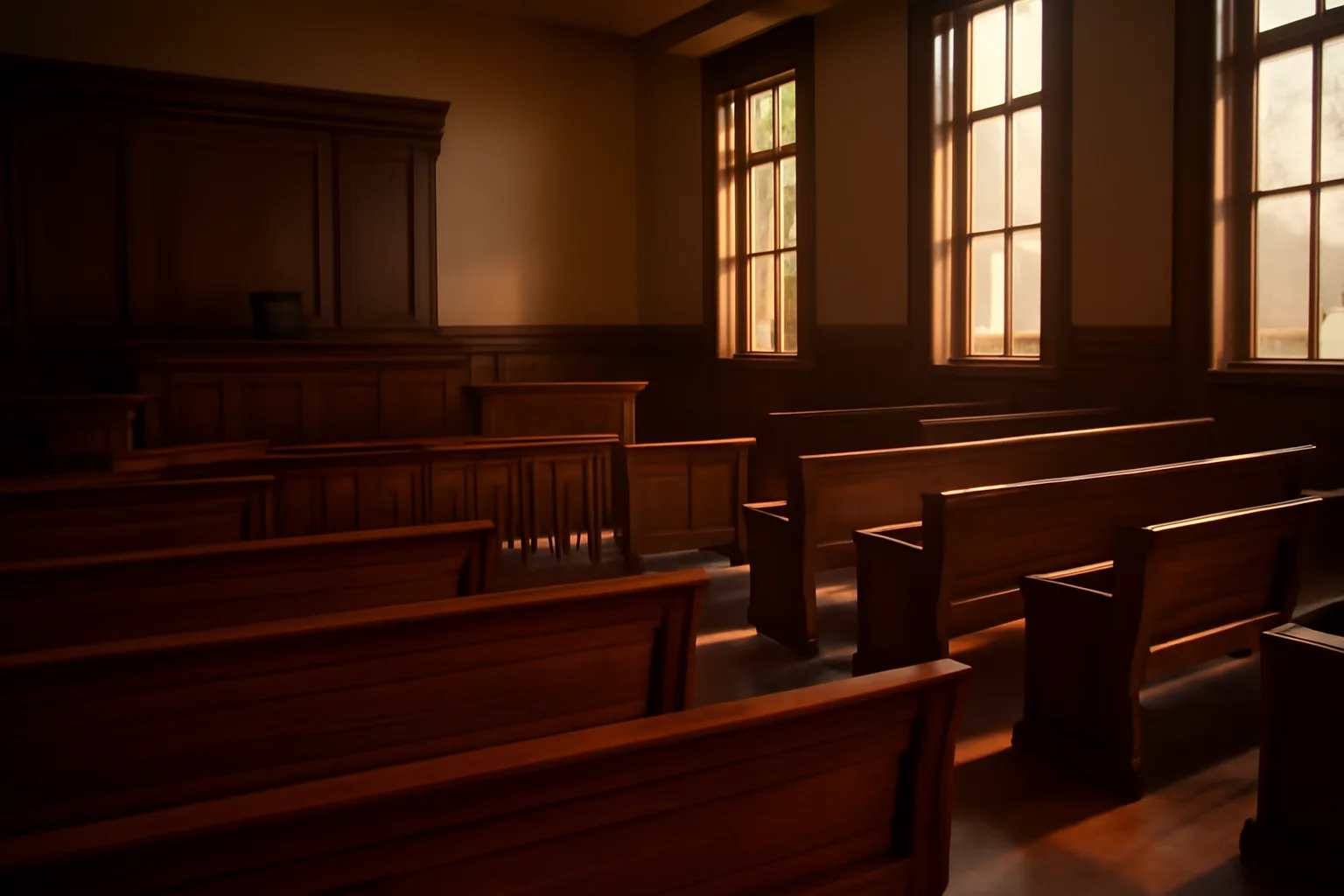 Empty Arizona courtroom with afternoon sunlight, symbolizing arbitration readiness