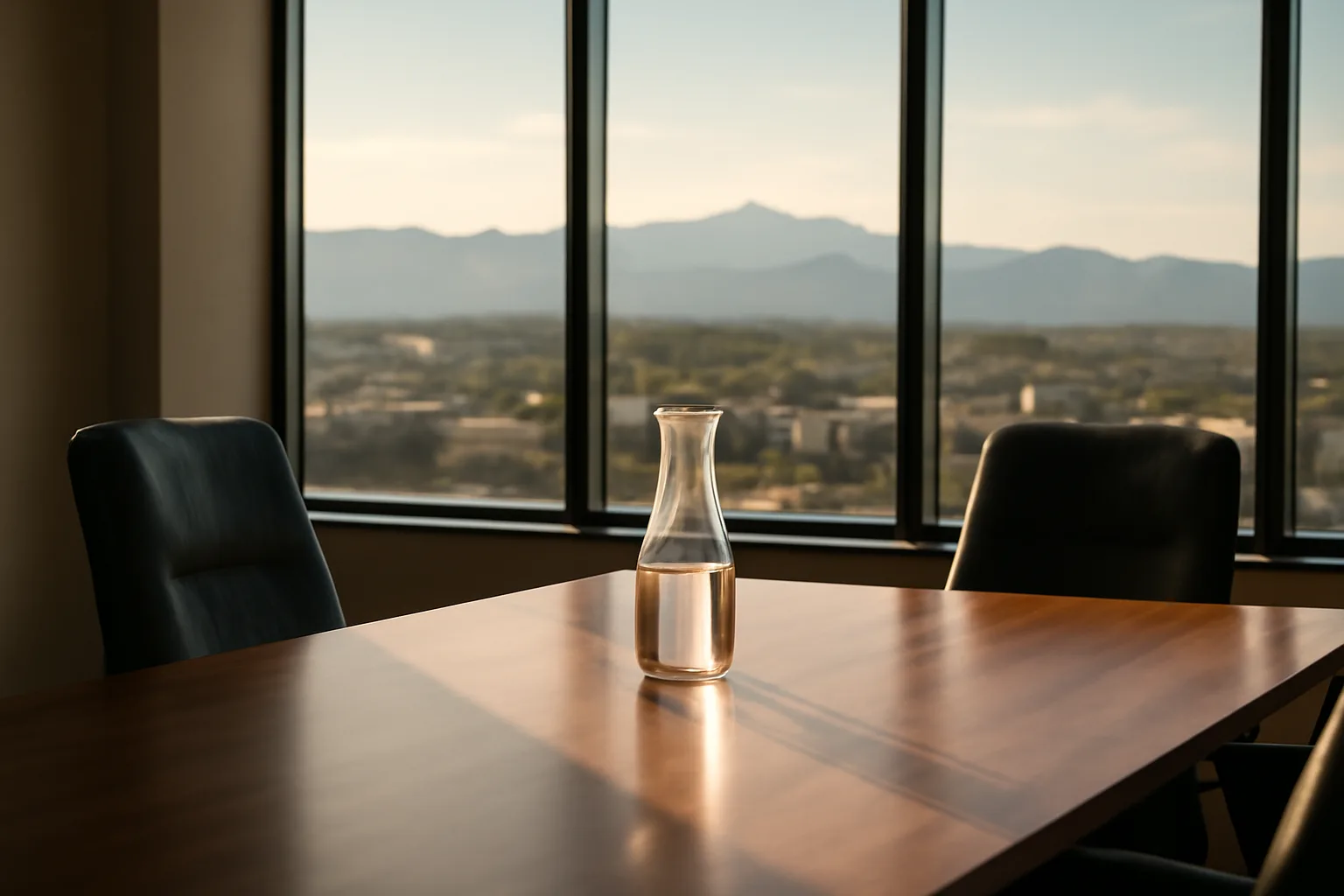 Empty Denver conference room set for a Colorado arbitration hearing
