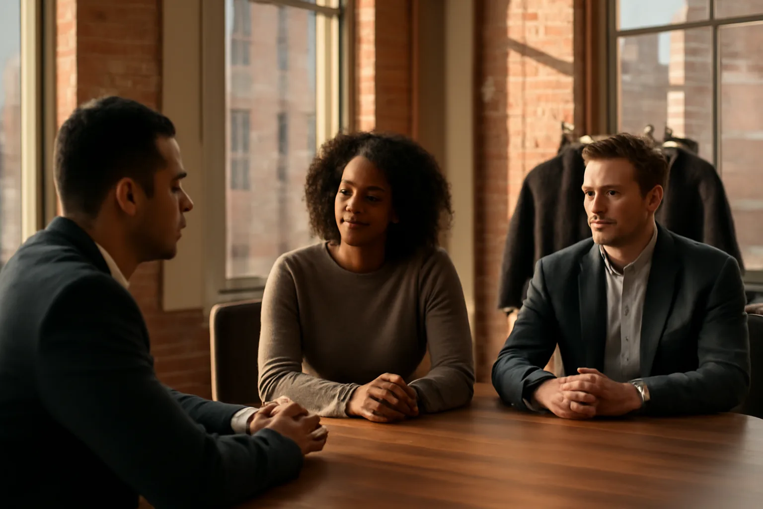 Three people talk in a Hartford office about Connecticut arbitrator renewal