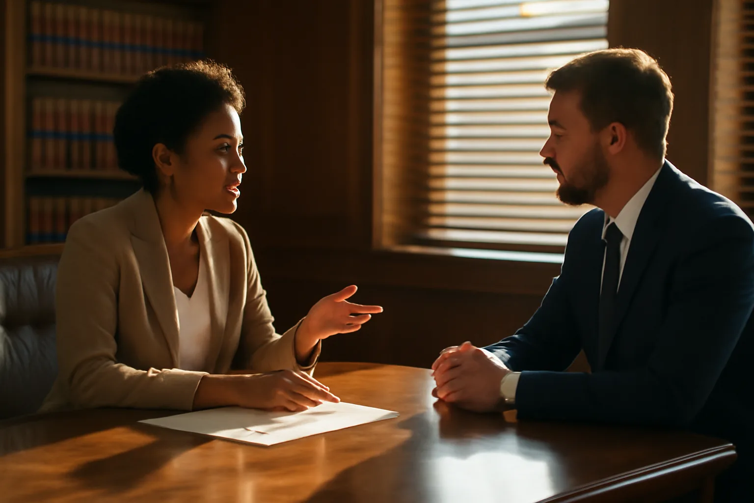 Two people in discussion at a conference table during an arbitration hearing in Alabama