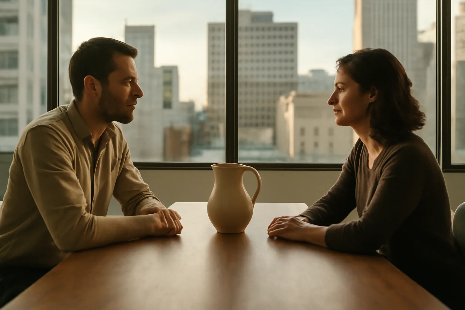 Two people discuss arbitrator cost in a California conference room
