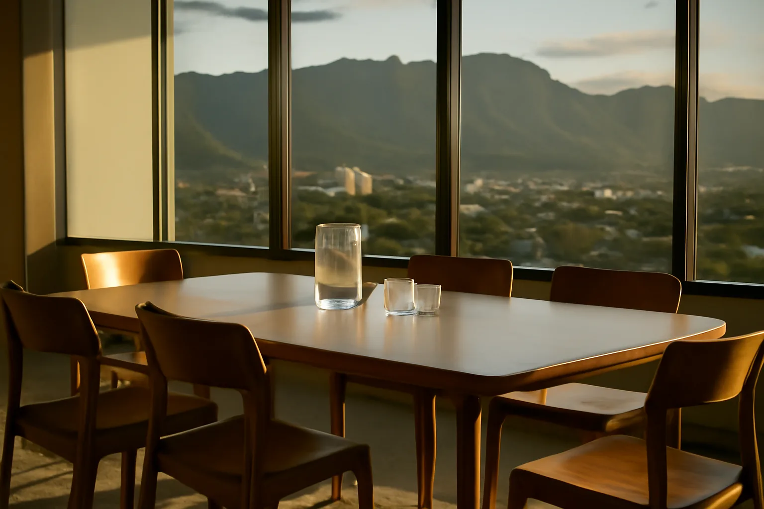 Empty Honolulu conference room prepared for a Hawaii arbitrator hearing