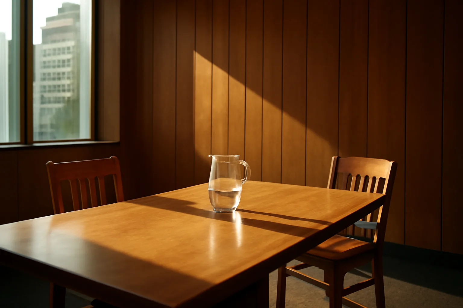 Sunlit empty Boise conference room for Idaho arbitrator hearings