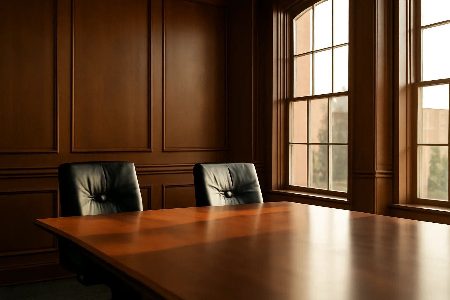 Empty conference room set up for an arbitration hearing in Alabama