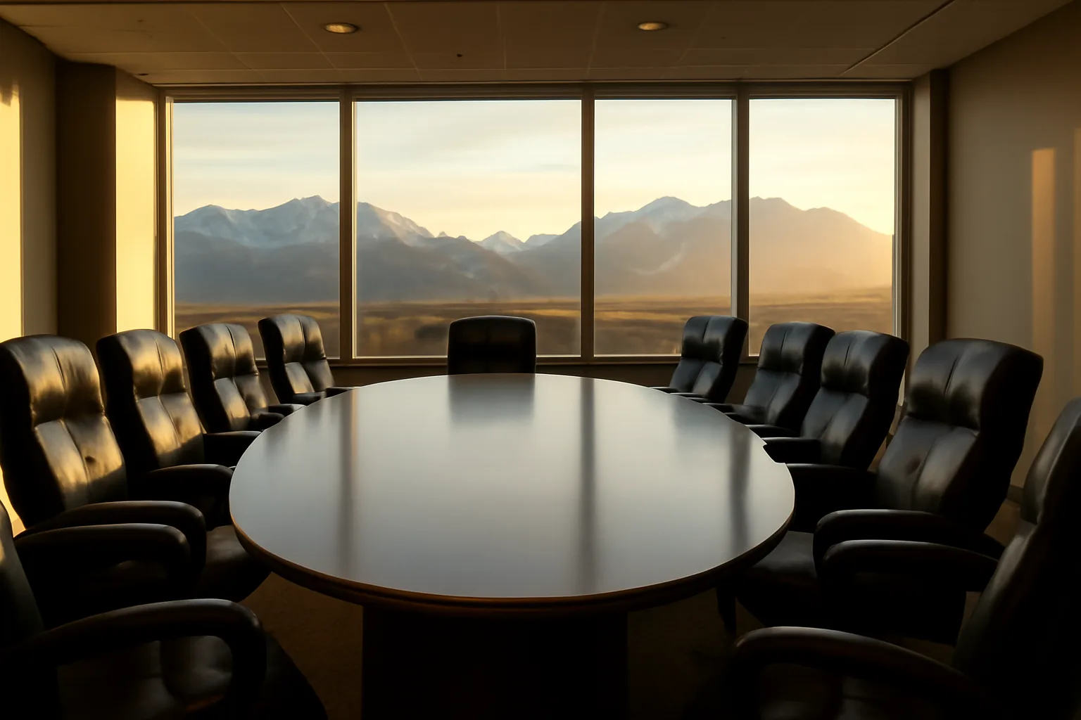Empty arbitration conference room in Anchorage with mountain view through windows