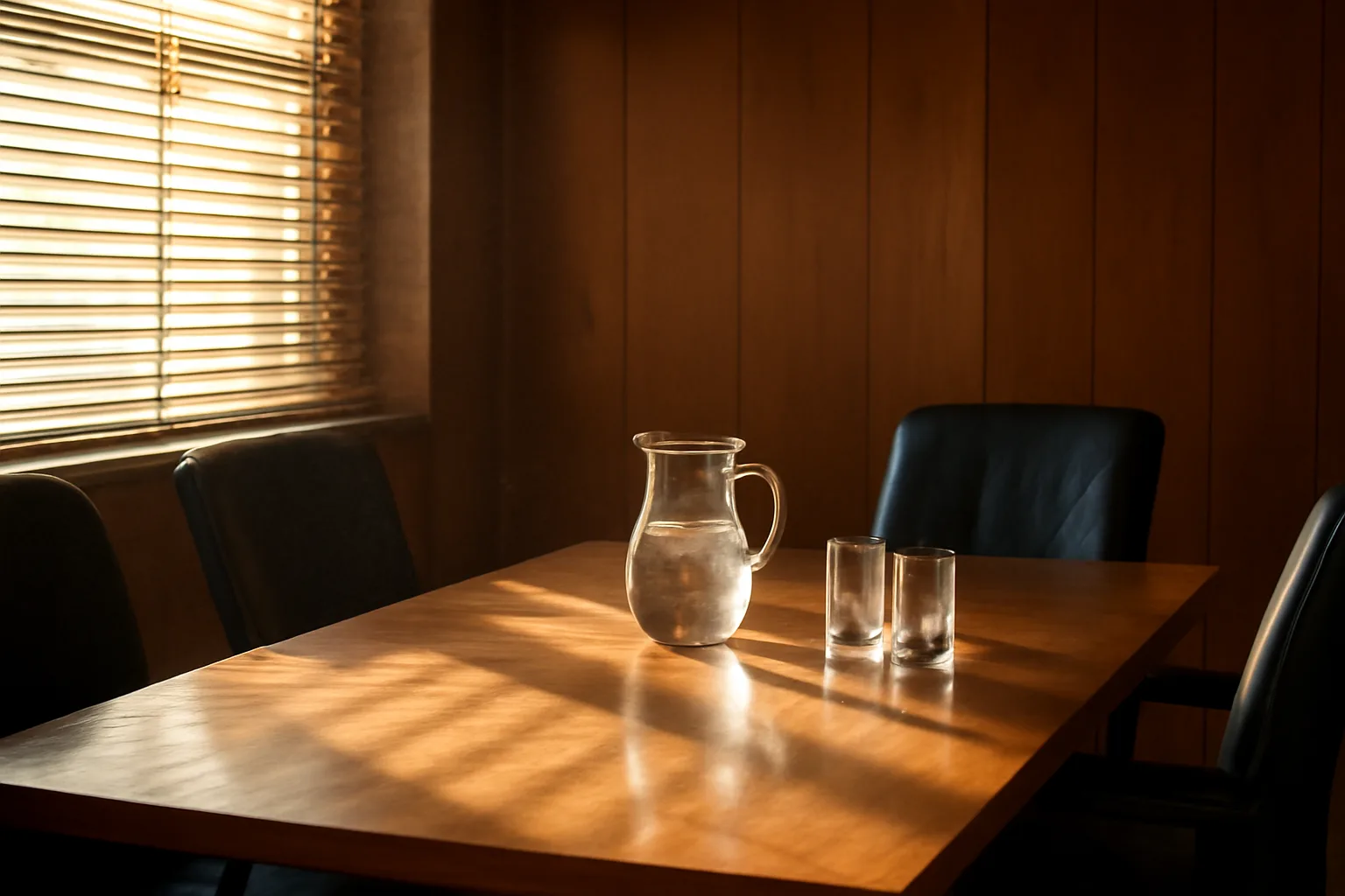 Empty Little Rock hearing room set for an Arkansas arbitrator