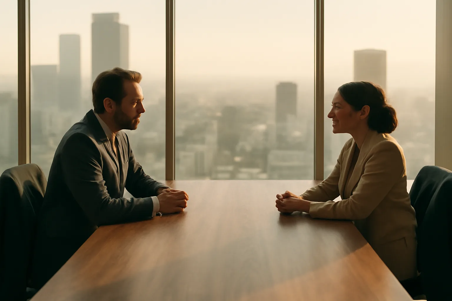 Two people discuss a California arbitrator matter at a bare table