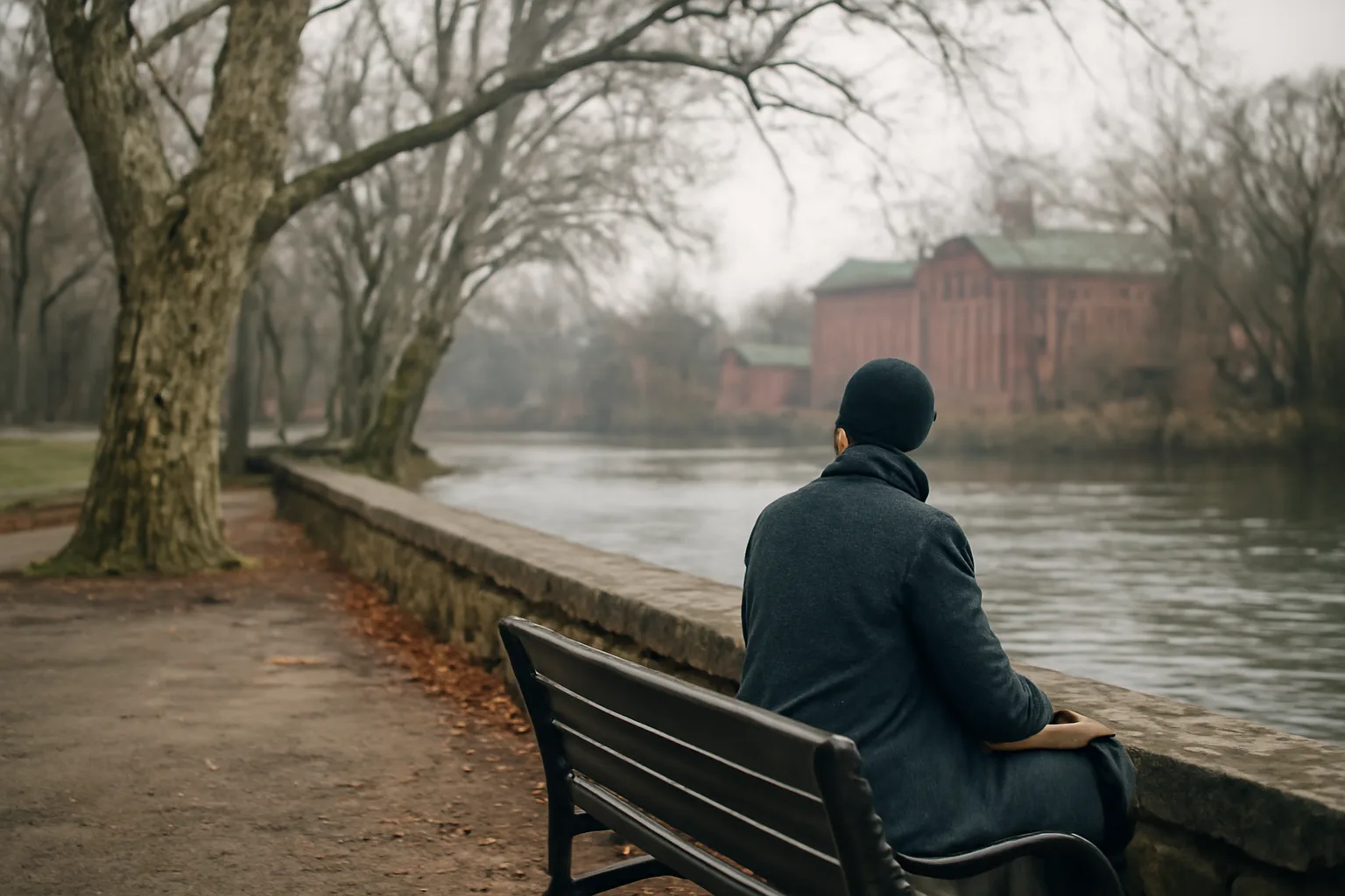 Person on a Wilmington riverside bench between Delaware arbitration meetings