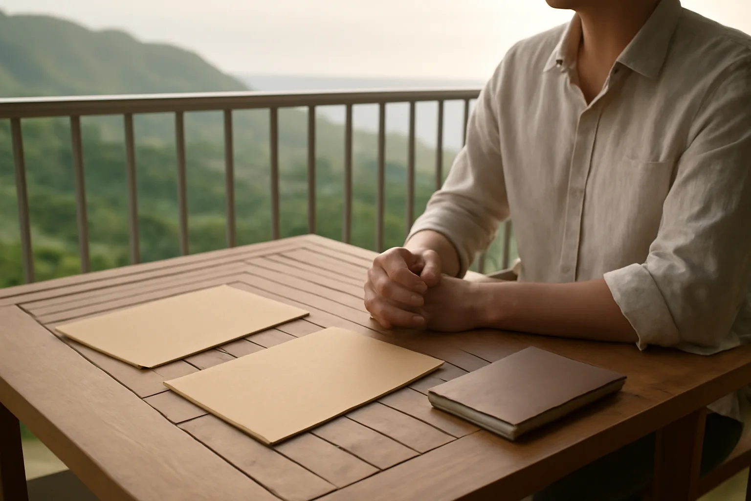 Person reviewing unmarked folders for Hawaii arbitrator work at sunrise