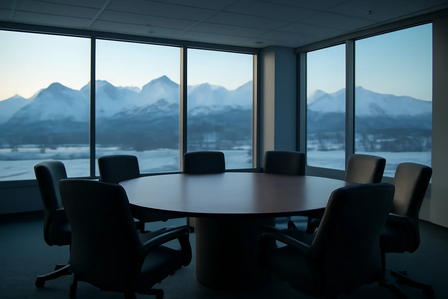 Empty Anchorage conference room with mountain view, set for arbitration
