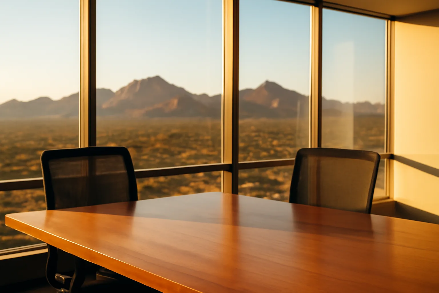 Empty Phoenix conference room set for an Arizona arbitrator hearing