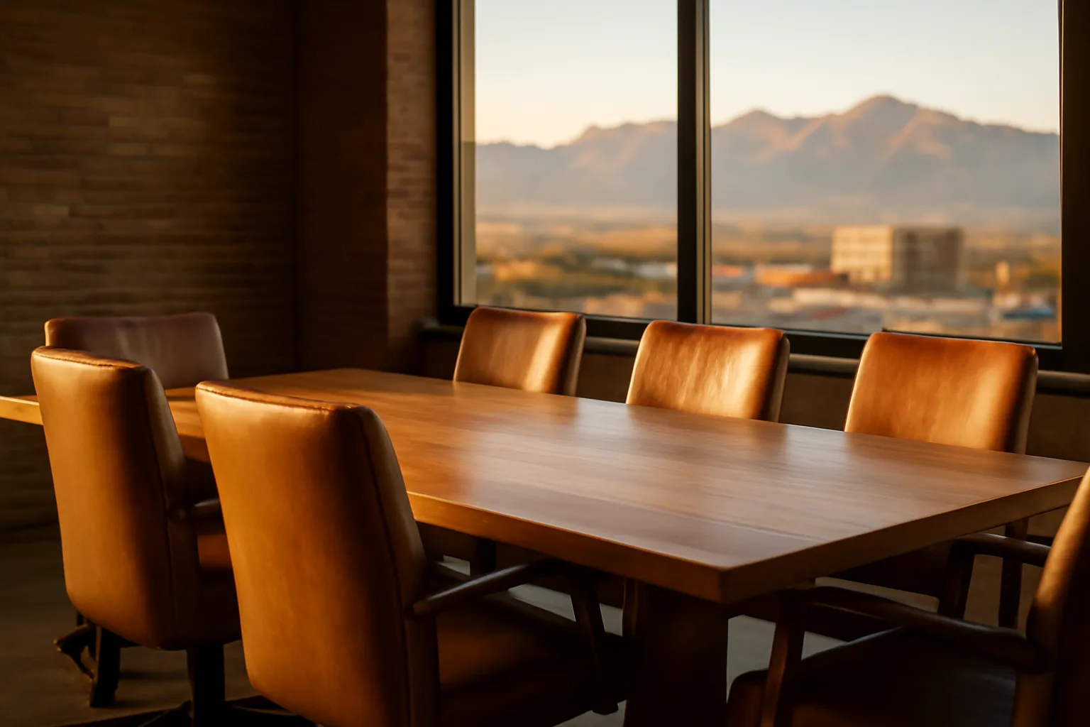 Empty Denver conference table at sunset for Colorado arbitrator work