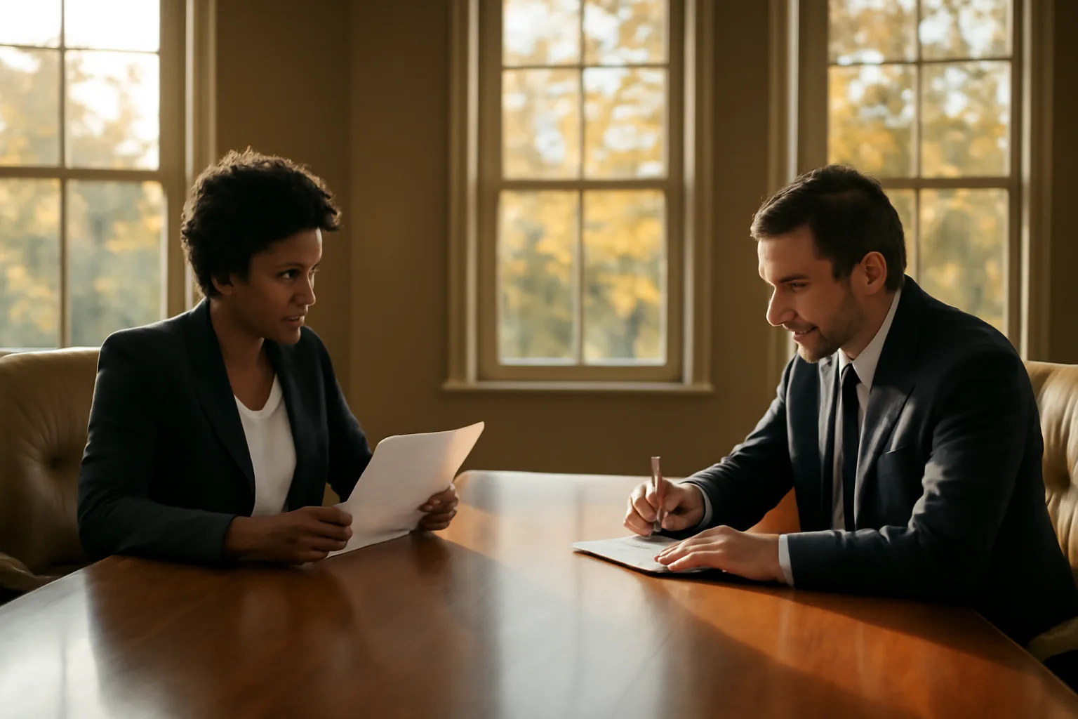Two professionals reviewing documents at a conference table for an arbitration hearing