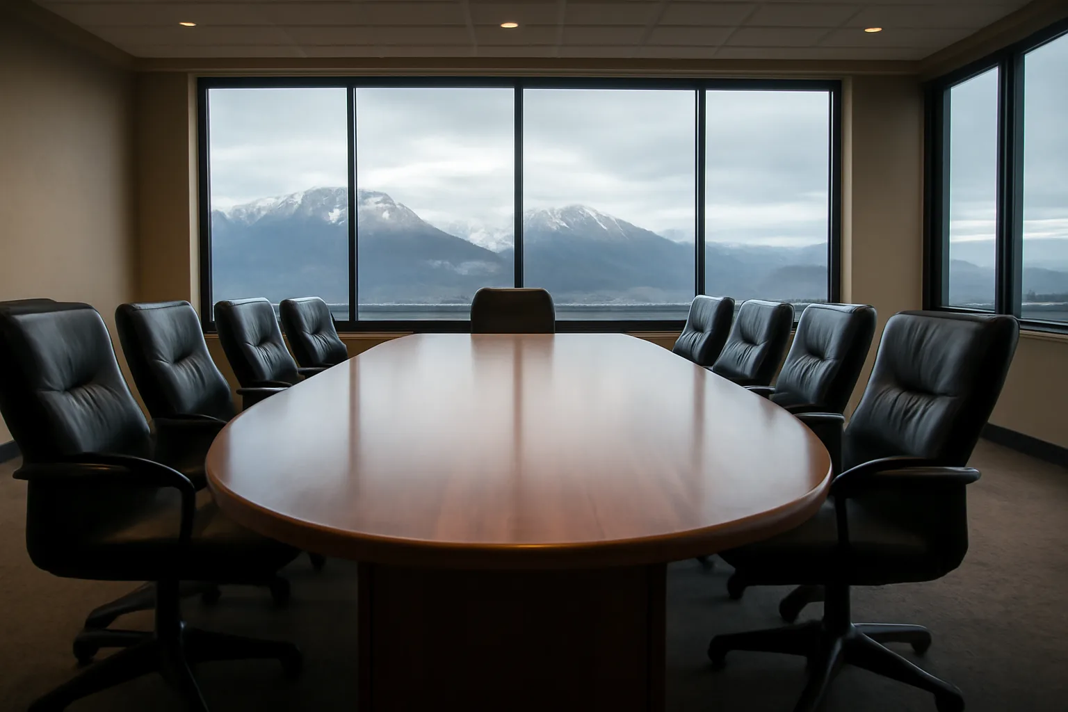 Empty conference room in Anchorage with mountain view through large windows