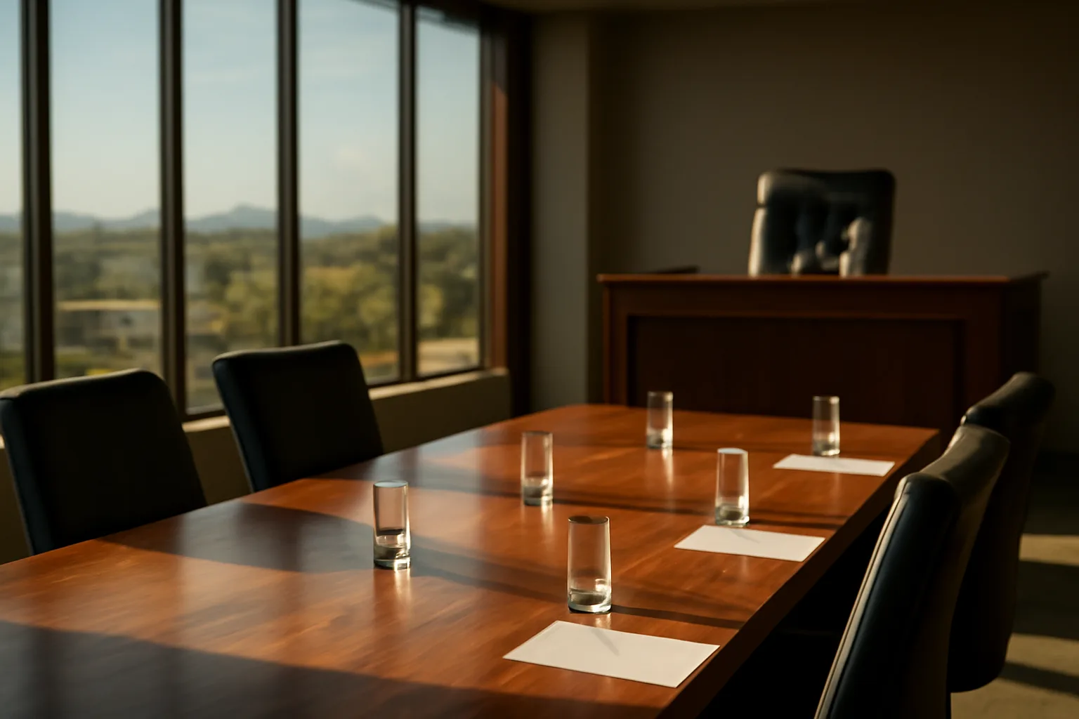 Empty arbitration hearing room in Phoenix Arizona with long conference table and raised arbitrator seat