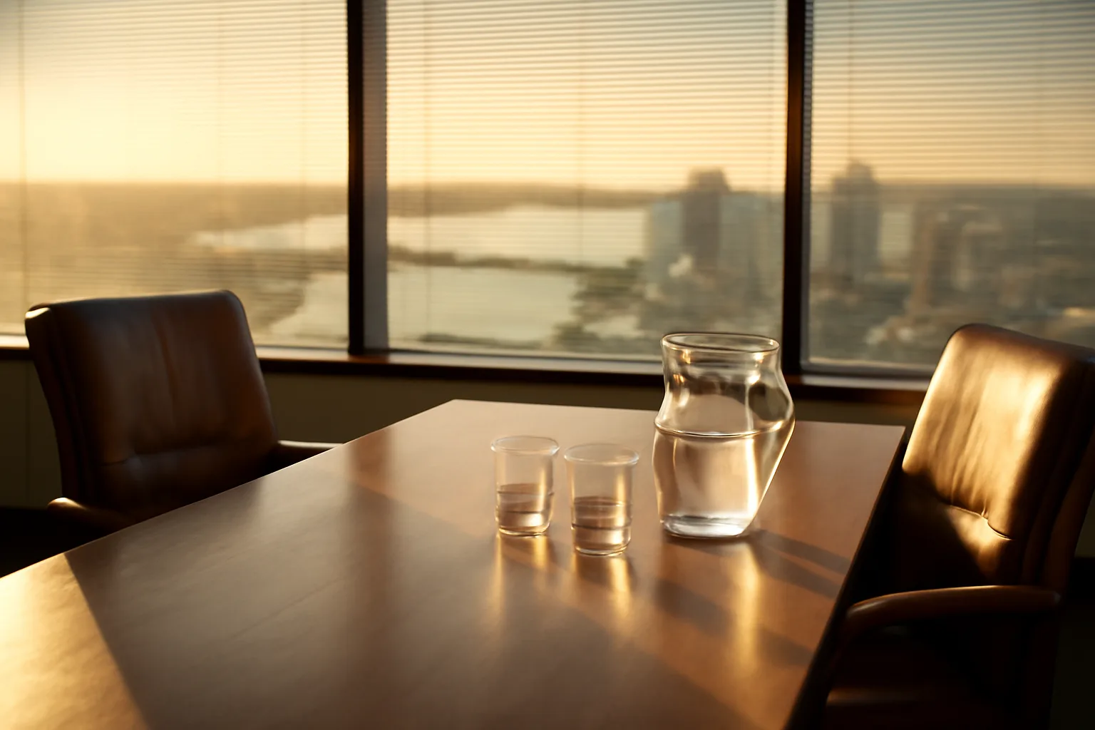 Empty Tampa conference room prepared for a Florida arbitration hearing