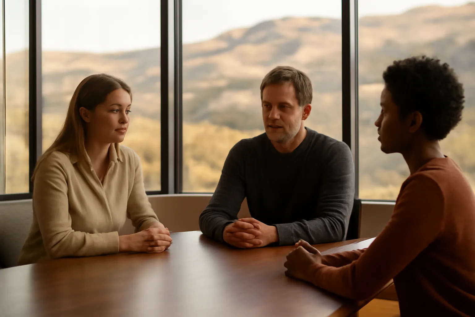 Three people talk at a sunlit Boise table about arbitrator work