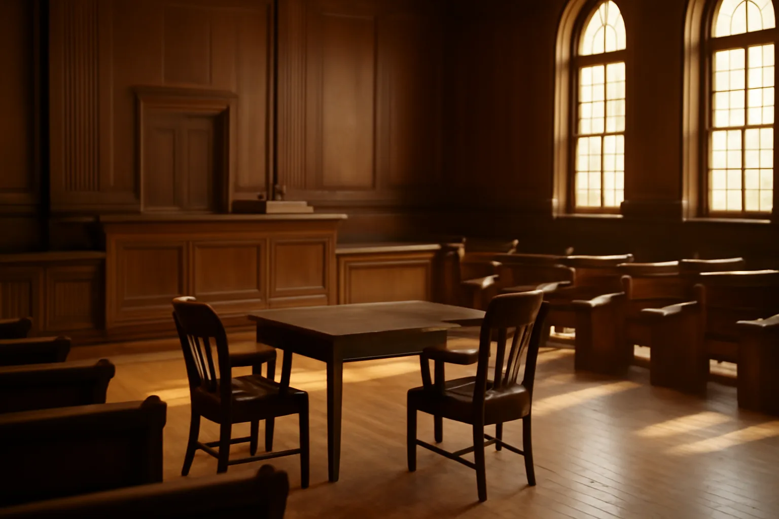 Empty Alabama courthouse hearing room with afternoon light through tall windows