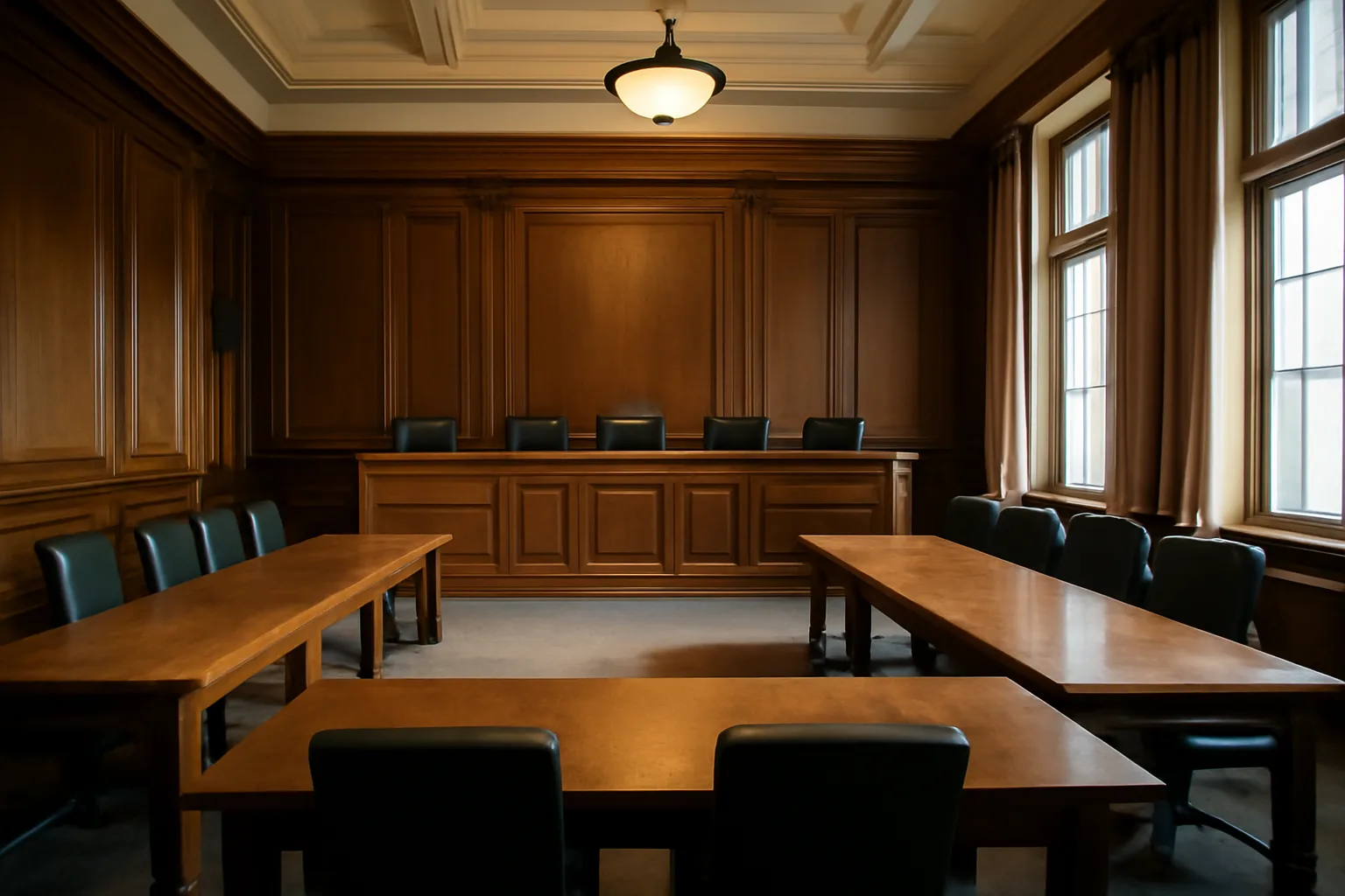 Empty arbitration hearing room in Anchorage Alaska with morning light through windows