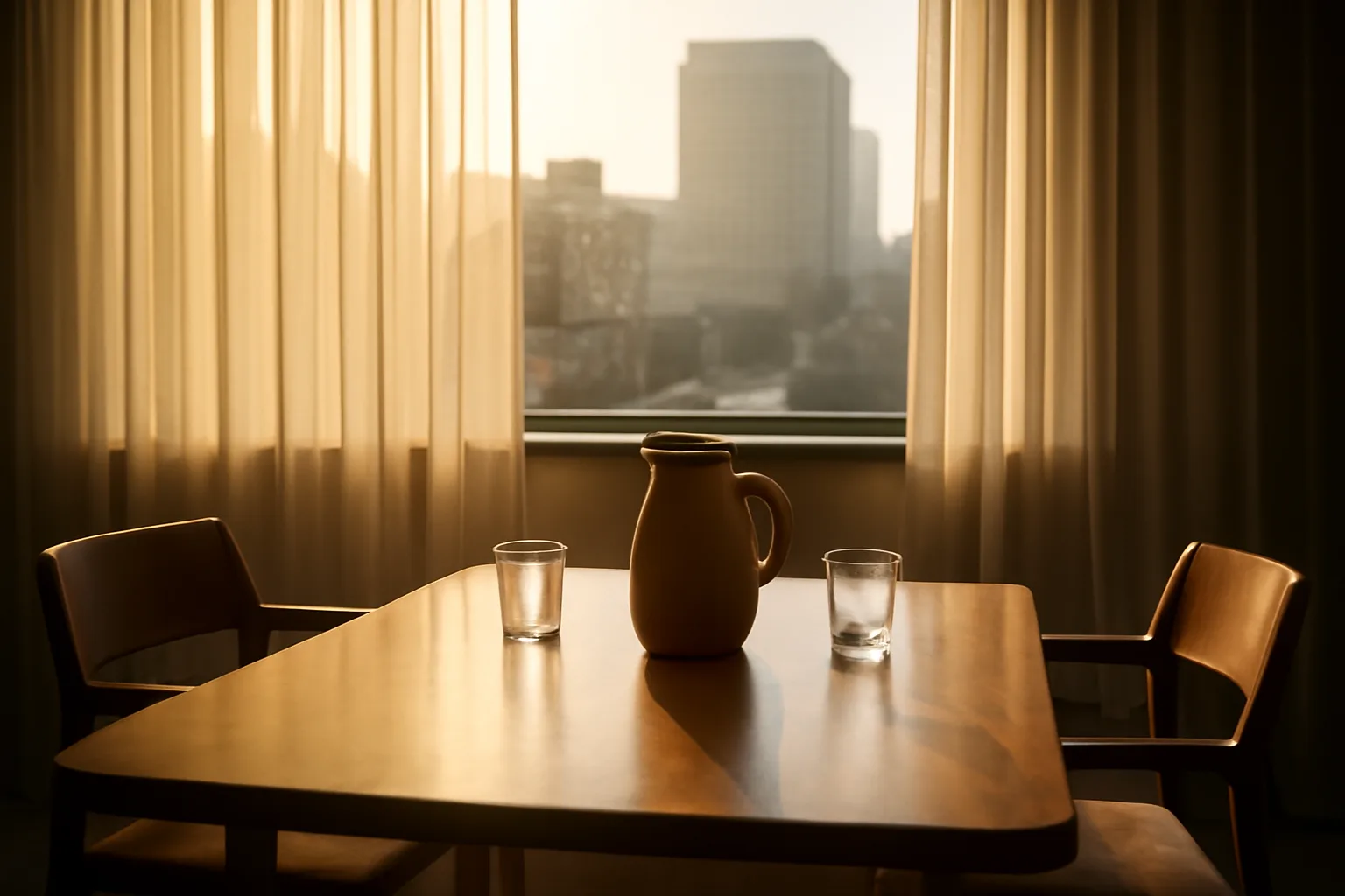 Empty Sacramento conference room set for California arbitration