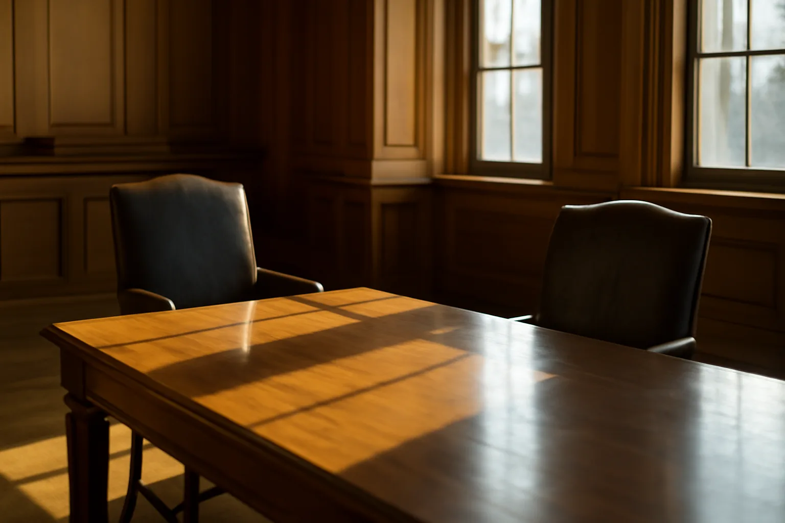 Empty conference table in a sunlit courthouse room set up for an arbitration hearing