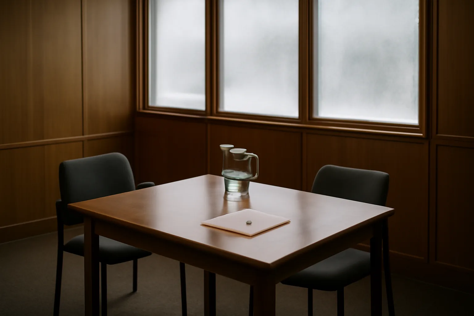 Empty arbitration hearing room in Anchorage Alaska with winter afternoon light