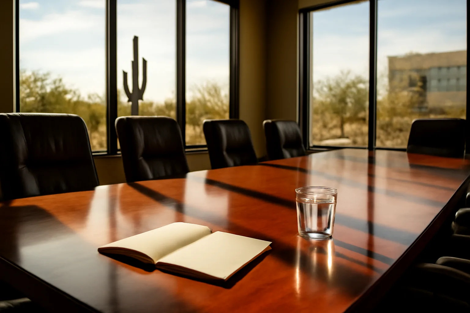 Empty Arizona conference room with sunlight on a wood table set for an arbitration hearing