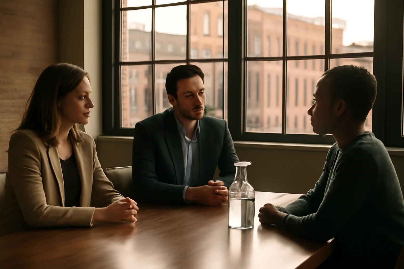 Three people seated at a walnut table for Arkansas arbitration