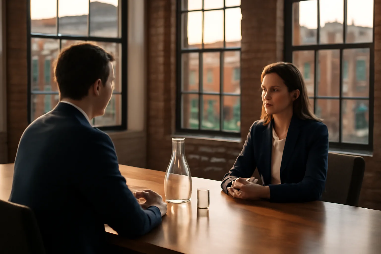 Two colleagues discuss arbitration in a sunlit Wilmington office