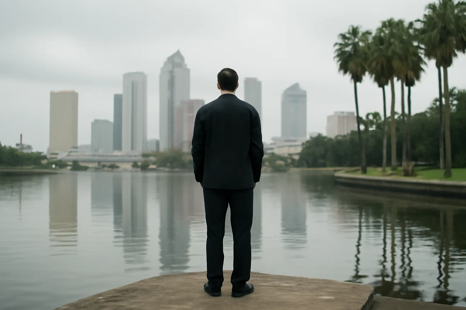 Person in a suit by the Tampa river before arbitration work