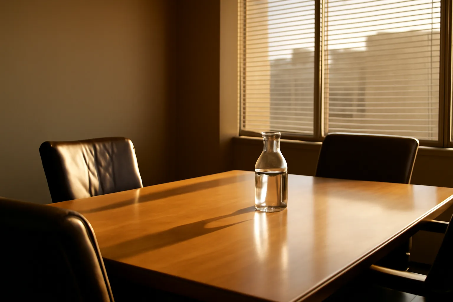 Sunlit empty Atlanta conference room set for an arbitration hearing