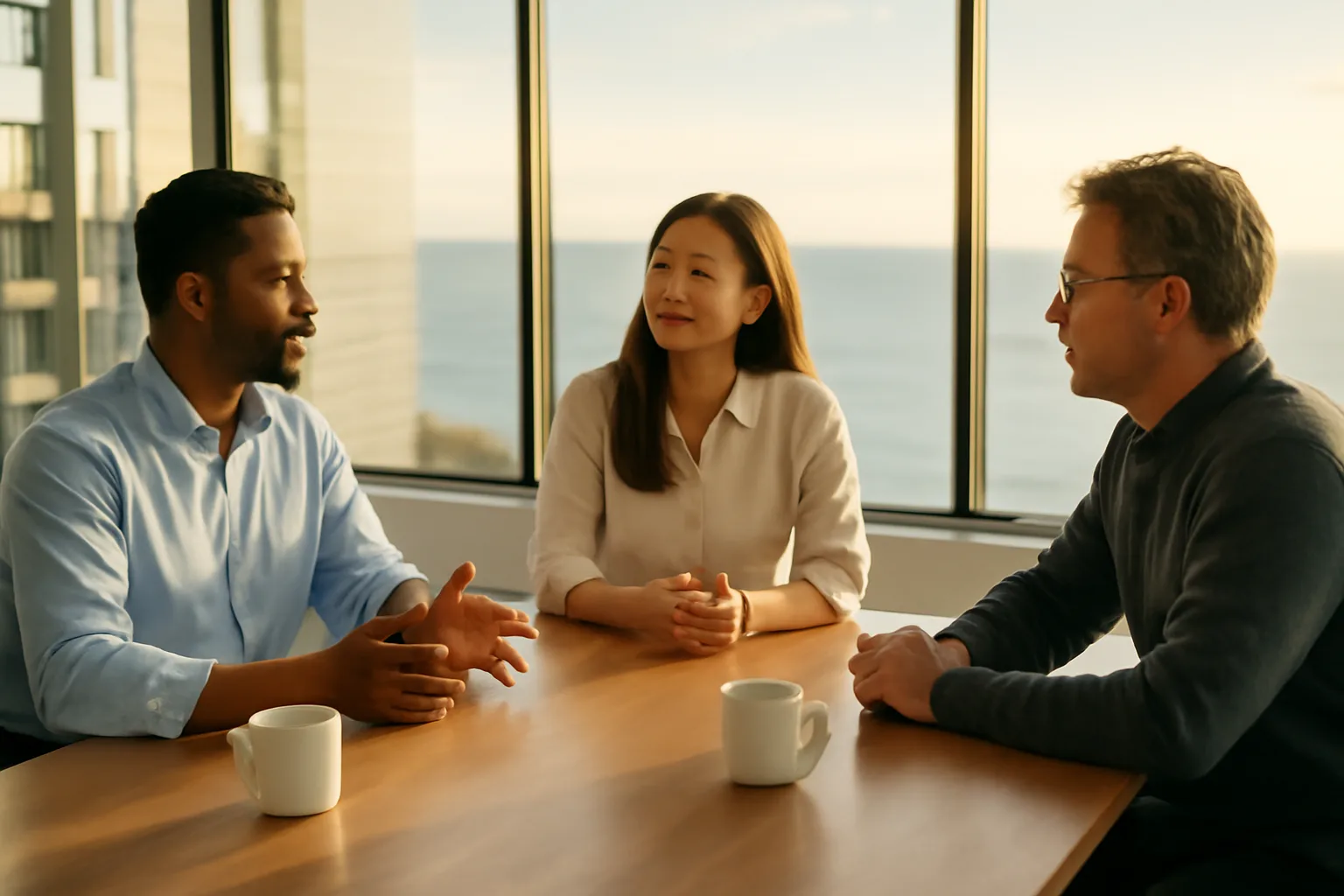Three people sit for an arbitration discussion in Honolulu