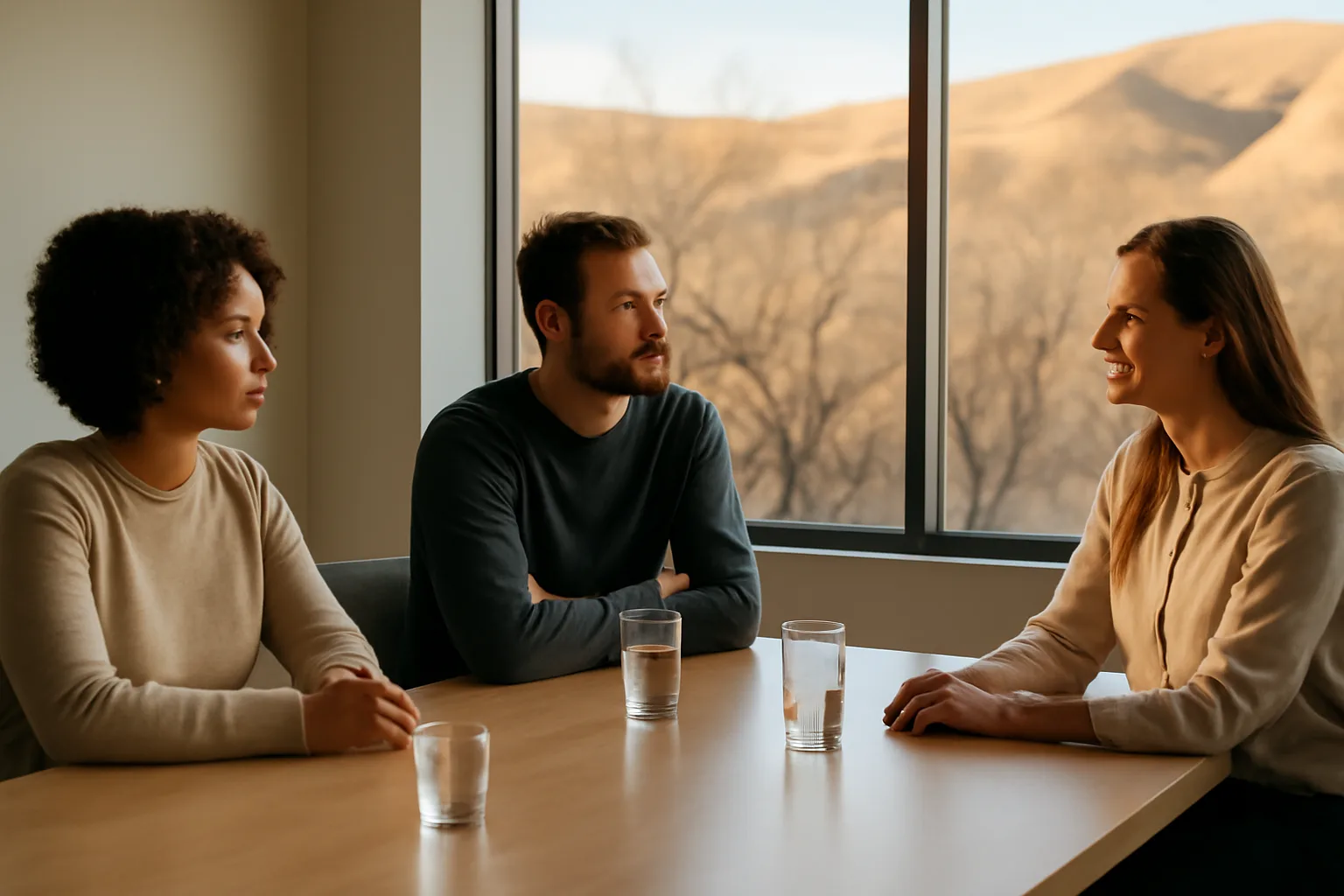 Three people at a sunlit Boise table before an Idaho arbitrator hearing